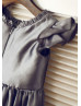 Flutter Cap Sleeves Gray Taffeta Knee Length Flower Girl Dress